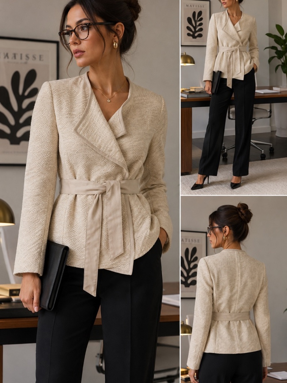 Banana Republic XS Ivory/Beige Textured Belted Wrap Jacket Blazer Quiet Luxury